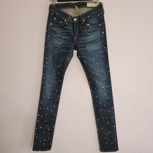 rag & bone Anfield Splatter jeans 26 skinny dark blue white paint dots